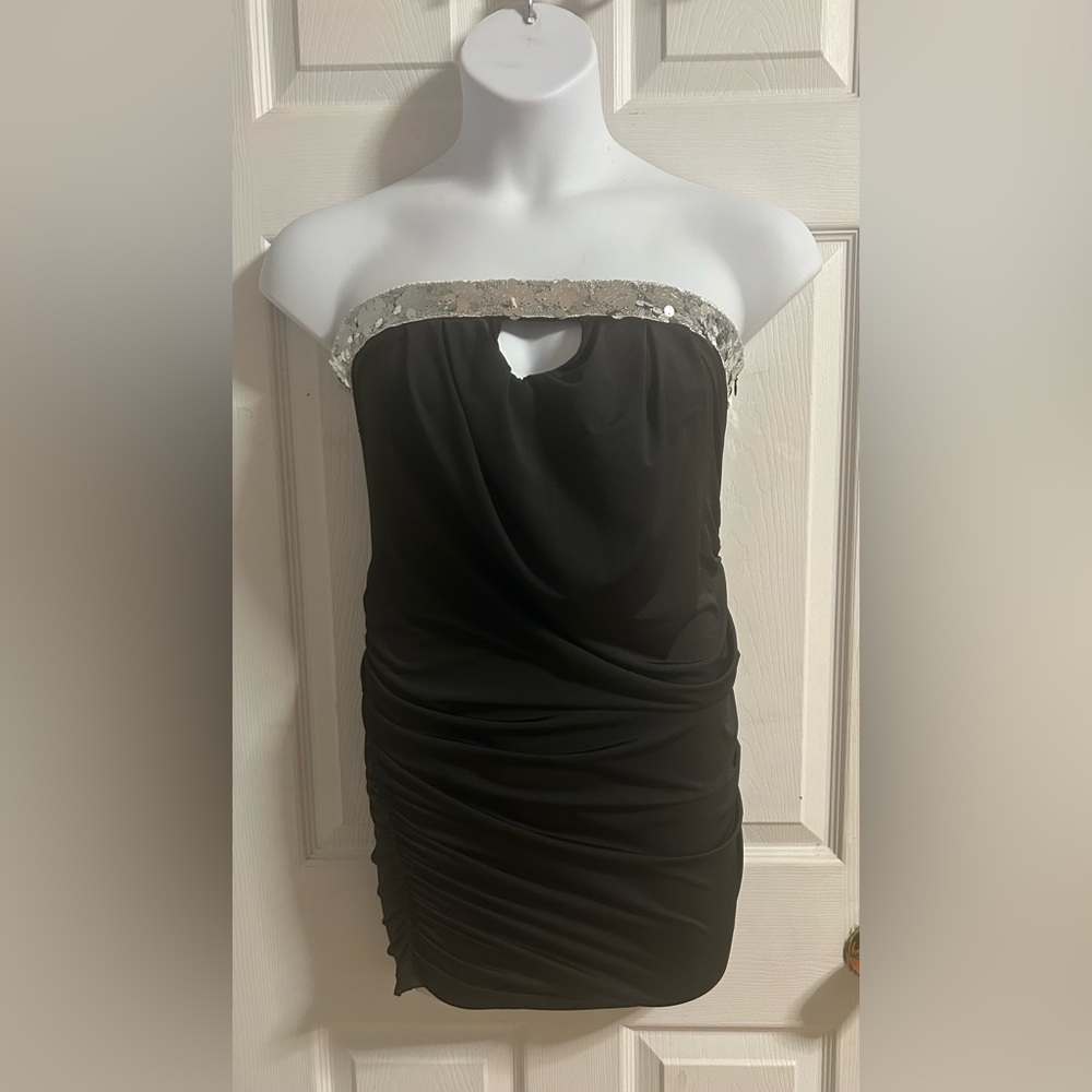 Elegant Black Strapless Dress w/ Silver Sequin trim. Brand new w/tags. Size M